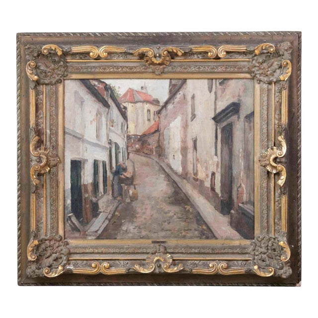 19th Century European Old Town Street Scene with Figure, Oil Painting in Ornate Gilt Frame For Sale