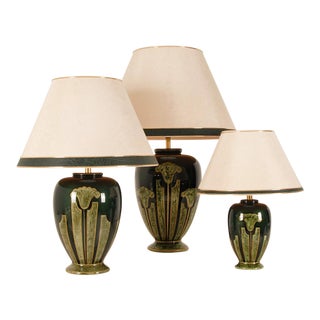 Vintage French Table Lamps Green Faux Marble Porcelain Vase Lamps Ceramic - Set of 3 For Sale