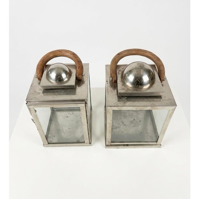 Traiditional Artisan Nickel-Finish Glass Lanterns With Driftwood Handles - a Pair For Sale - Image 4 of 12