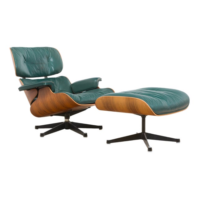 Set of Vintage Lounge Chair with Ottoman in Avocado Green by Charles and Ray Eames for Herman Miller, 1970s For Sale