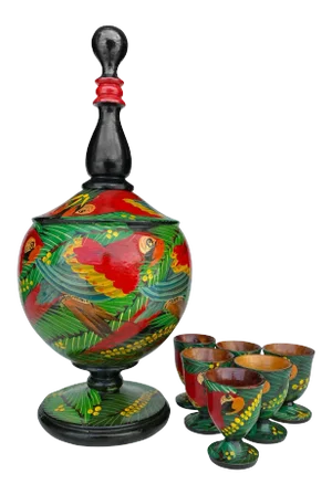 Vintage Monkey Pod Lacquered Hand Painted Macaw Parrot Decanter W/ 6 Goblet Cups