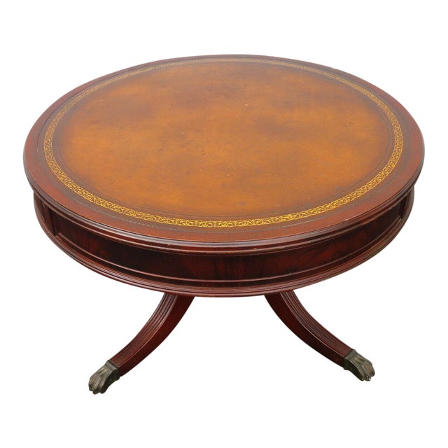 Traditional Flame Mahogany Round Leather Top Claw Feet Coffee Table
