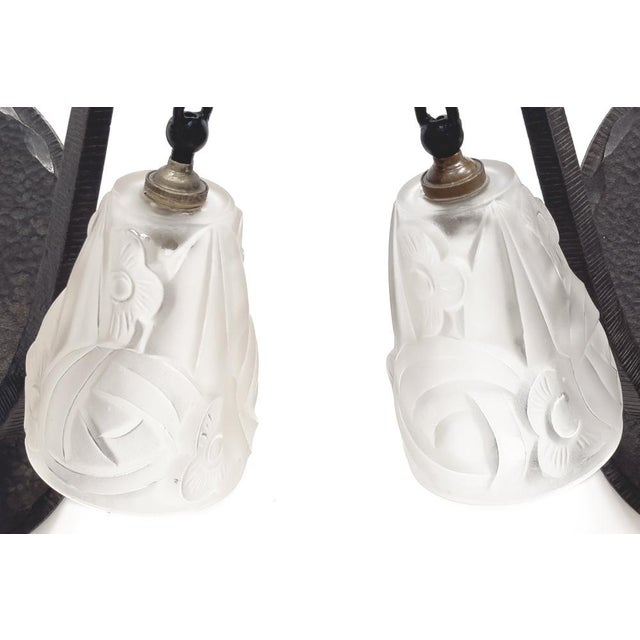 French Wrought Iron Sconces with Molded Glass Shades by Maison Degué, Set of 2 For Sale - Image 5 of 13