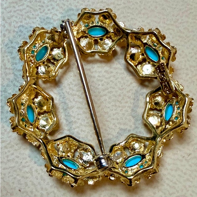 Metal 3 Carat Sleeping Beauty Turquoise Circular Pin in 18 Kt Yellow Gold , Estate For Sale - Image 7 of 8