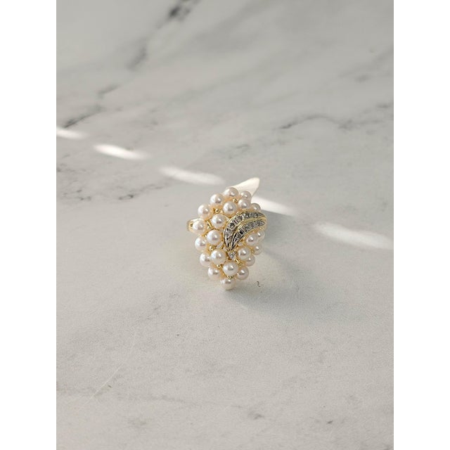 Large Pearl Cluster Ring with Diamond Accents 14k Yellow Gold, Size 8.5 For Sale - Image 4 of 6