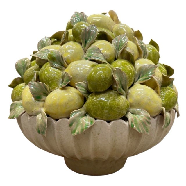 Pair of Vintage Italian Majolica Ceramic Lemon Pyramids in Scalloped Footed Bowls For Sale - Image 4 of 12