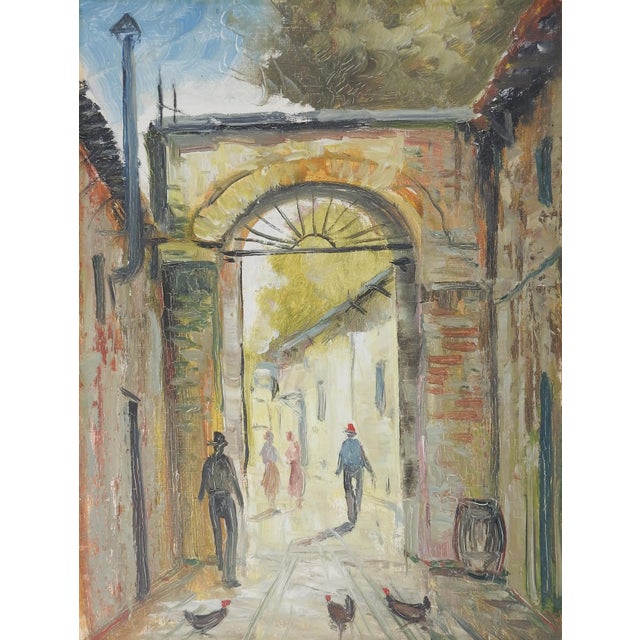 Vintage mid 20th century oil on canvas impressionist painting of morning cityscape with narrow street, arch and chickens....