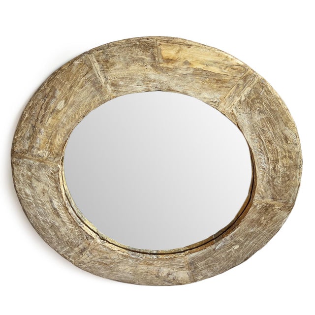 Rustic Vintage Large Wood Wheel Mirror For Sale - Image 3 of 6