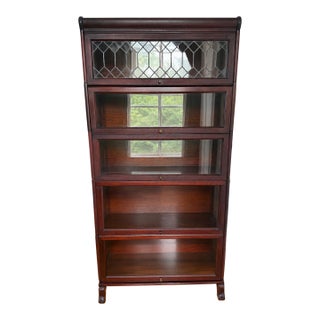 Antique 5 Stack Barrister Bookcase Lundstrom Arts & Crafts Mahogany & Leaded Glass Circa 1920 For Sale