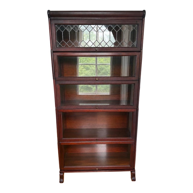 Antique 5 Stack Barrister Bookcase Lundstrom Arts & Crafts Mahogany & Leaded Glass Circa 1920 For Sale