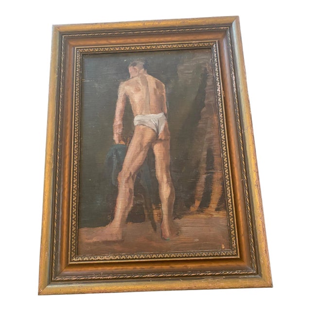 Vintage 1940’s English Oil on Board Standing Male Nude Profile Study For Sale