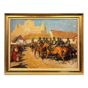 Hungarian Crowd Waving at Ww2 German Wehrmacht Cavalry Entering Town- 1930s Oil Painting