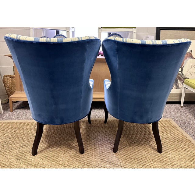 Traditional Custom Pair of Wingback Chairs Upholstered in Toile De Nantes & Colefax & Fowler Velvet in Blue & White For Sale - Image 3 of 11