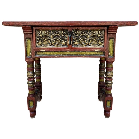 Red Lacquered Console Table with Gilt Accents and Carved Apron, 1940s For Sale