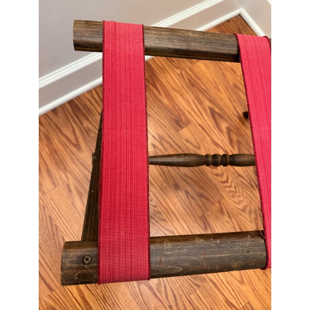 Mid Century Adirondack Style Red Canvas Strap Wooden Collapsible Luggage Rack For Sale - Image 9 of 10