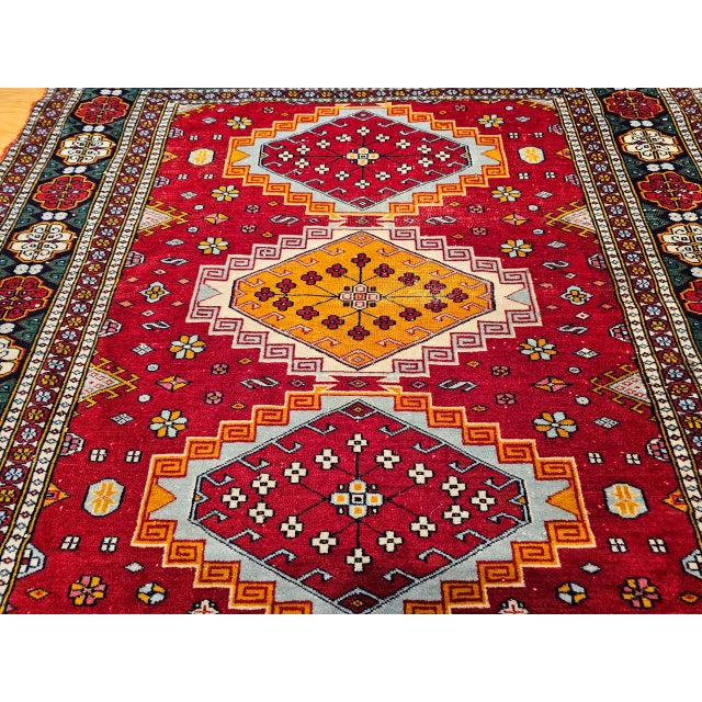 Vintage Persian Tribal Square Rug, Hand-Knotted Wool, Geometric Medallions Pattern, 4x4, Red & Blue For Sale - Image 12 of 15