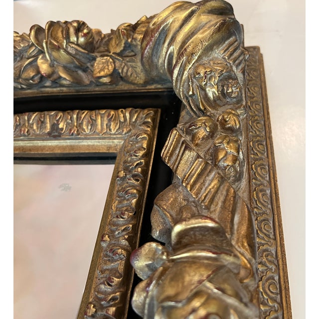 1980s Ornate Gold and Black Deeply Carved Vintage Mirror For Sale - Image 5 of 17