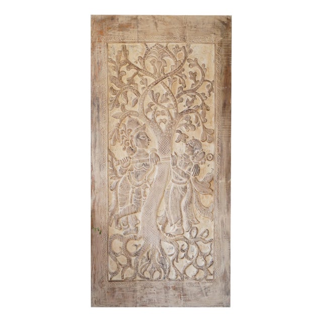 Hand-Carved Radha Krishna Barn Door – Vintage Indian Wall Art With Boho Elegance 84x41 For Sale