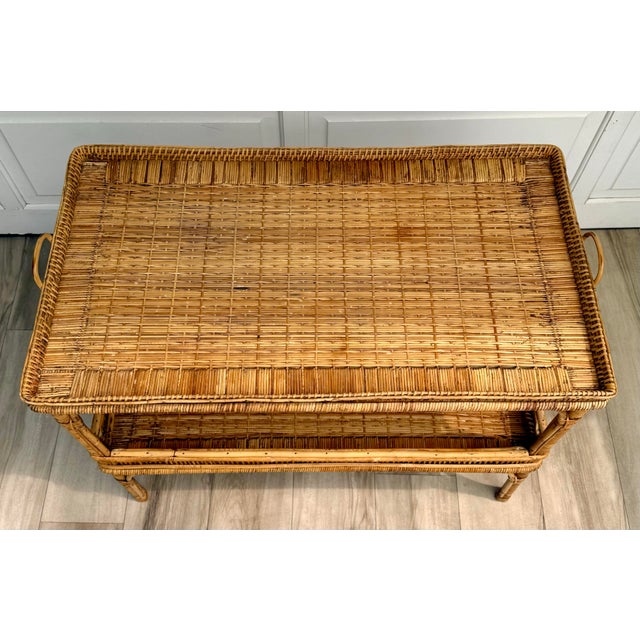 Vintage Bamboo, Rattan & Wicker Two-Tier Console Display Table With Tray Top For Sale In Los Angeles - Image 6 of 15