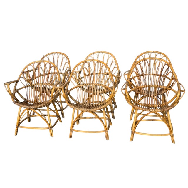 Set of 6 Magnificent Mid-Century French Bamboo and Rattan Lounge Chairs This set of six mid-century French lounge chairs...