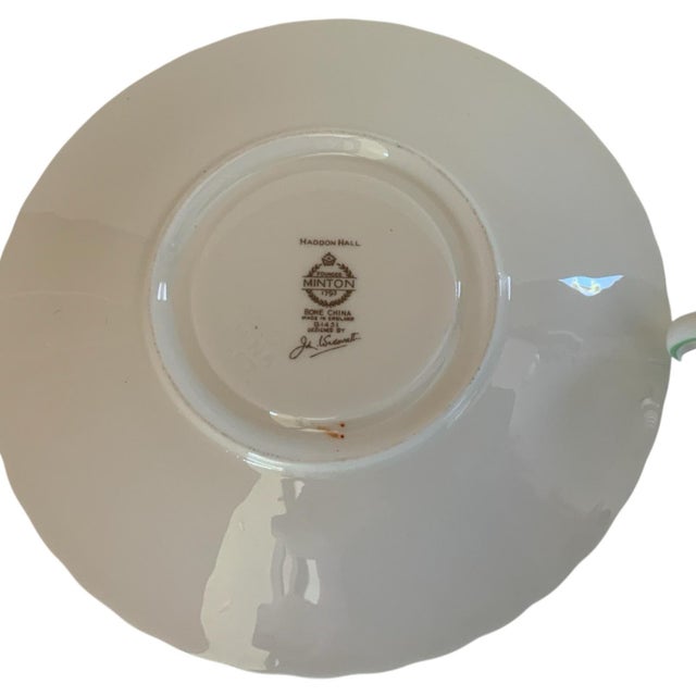 Traditional Vintage Minton Haddon Hall Foot Cream Soup Bowl & Saucers Fine Bone China Green For Sale - Image 3 of 3
