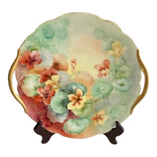 Antique Hand-Painted Bavarian Floral Cake Plate With Gold Trim Handles For Sale