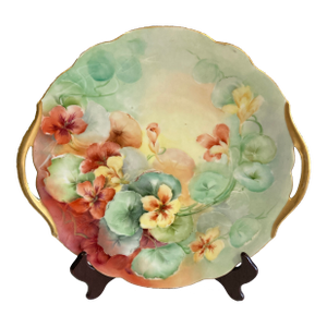 Antique Hand-Painted Bavarian Floral Cake Plate With Gold Trim Handles