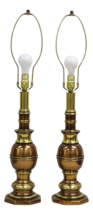 Vintage Hollywood Regency Brass & Copper Faux Bamboo Table Lamps - A Pair