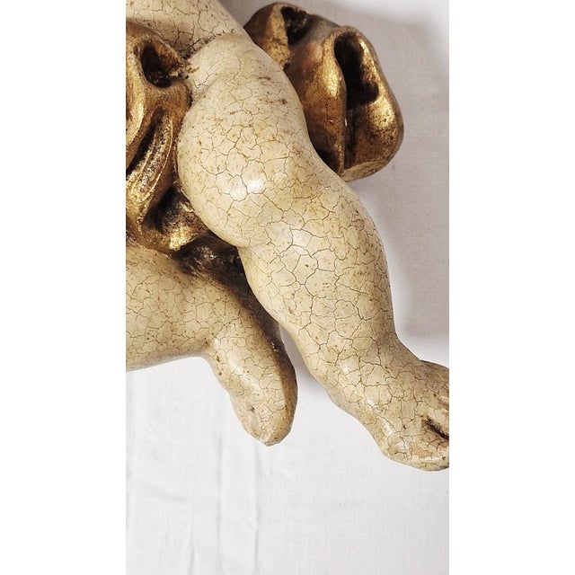 Winged Putto Playing the Wind Instrument Carved in Wood, Early 1900s For Sale - Image 3 of 17