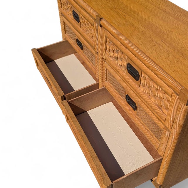 Wood Vintage Dixie Rattan and Wood Six-Drawer Dresser With Mirror 1960s For Sale - Image 7 of 15