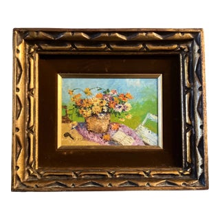 1950’s Original Impressionist Still Life Small Painting Signed Ornate Original Frame For Sale