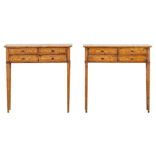 Italian Oak Parquetry Inlaid Four Drawer Side Tables, 1900, Set of 2 For Sale