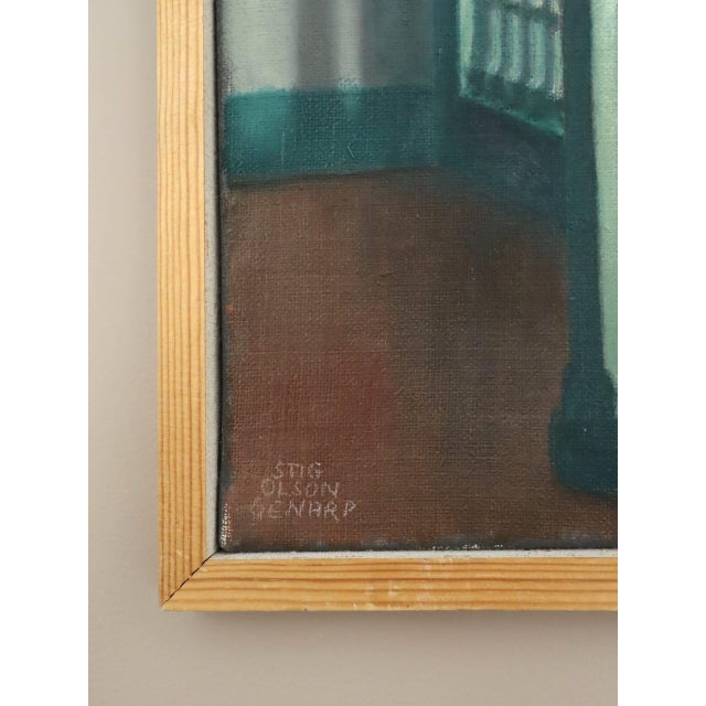 Green Mid-Century Modern 'Sunlit Landing' Vintage Swedish Original Interior Oil Painting, Framed For Sale - Image 8 of 14