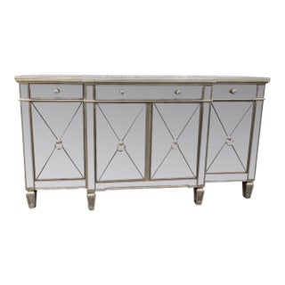 Horchow Amelie Mirrored Breakfront Buffet With Silver Leaf Trim, 3 Drawers and 4 Doors For Sale