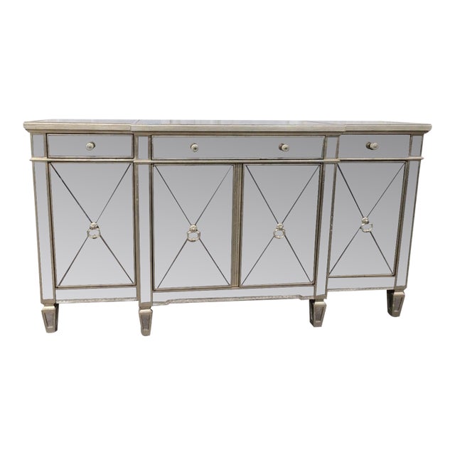 Horchow Amelie Mirrored Breakfront Buffet With Silver Leaf Trim, 3 Drawers and 4 Doors For Sale