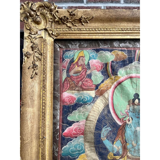 19th Century Tibetan Four Arms Guanyin Tangka With Antique Wooden Frame For Sale In Boston - Image 6 of 8