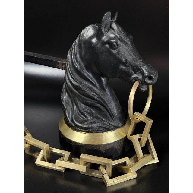 French Horse Head Andirons in Brass and Iron, 1950s, Set of 2 For Sale - Image 13 of 17