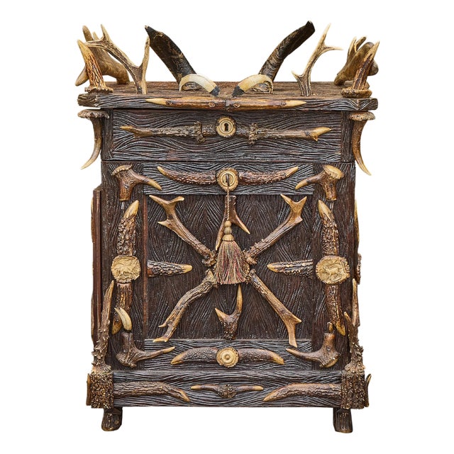 Black Forest Antler-Mounted Oak Spirits Cabinet, circa 1900 For Sale