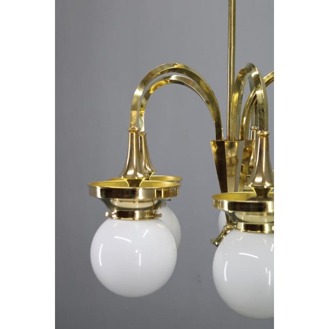 Vintage Art Deco Brass Chandelier with Five Opaline Glass Globes, 1930s For Sale - Image 4 of 12