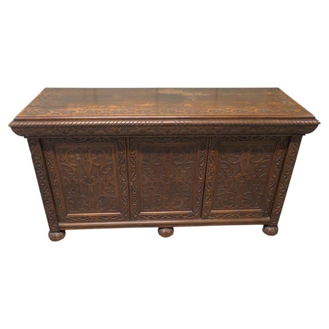 Brown Gothic Credenza in Carved Golden Oak For Sale - Image 8 of 8