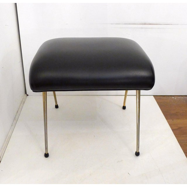 Mid-Century Modern Vintage Ottoman with Tapered Gold Legs and Black Faux Leather Seat, 1960s For Sale - Image 3 of 13