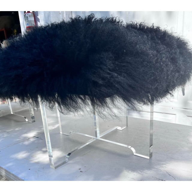 Pair of Jonathan Adler Black Mongolian Lamb Fur Lucite Benches / Ottoman’s For Sale In West Palm - Image 6 of 12