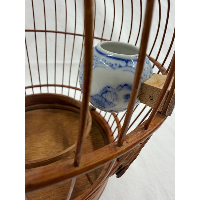 Asian 1980's Asian Bamboo Birdcage With Ceramic Feeders For Sale - Image 3 of 10