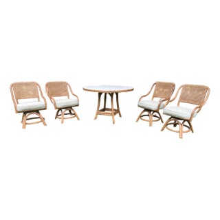 Caned Rattan Bentwood Swivel Chairs and Table Set of 5- Circa 1970s For Sale