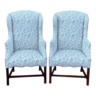 Vintage Slim Wingback Fireside Lounge Chairs in Blue & White Leaf Print - a Pair For Sale
