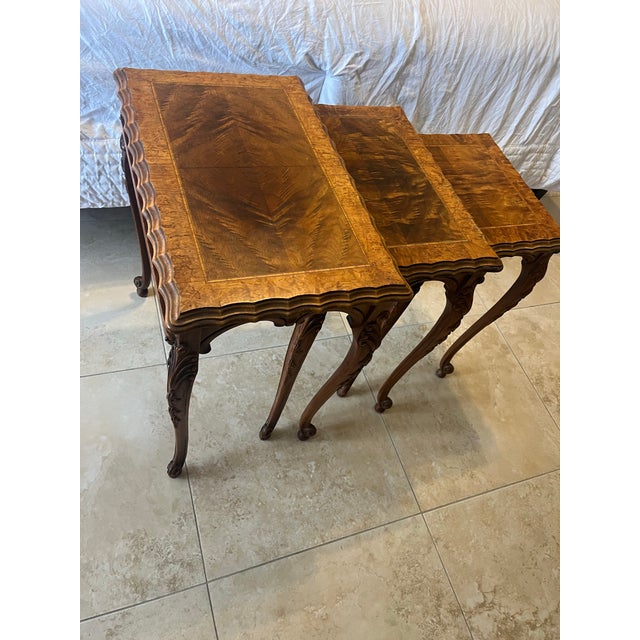 Set of 3 1930s Carved Burr Walnut Nesting Tables For Sale - Image 10 of 12