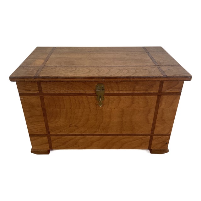 Vintage Small Table Top Chest Trunk Wooden Box With Inlay Trim For Sale