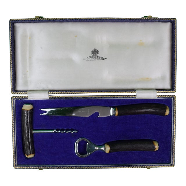 Mid 20th Century Asprey & Co Staghorn Bar Set in Original Purple Gift Box- 3 Pieces For Sale