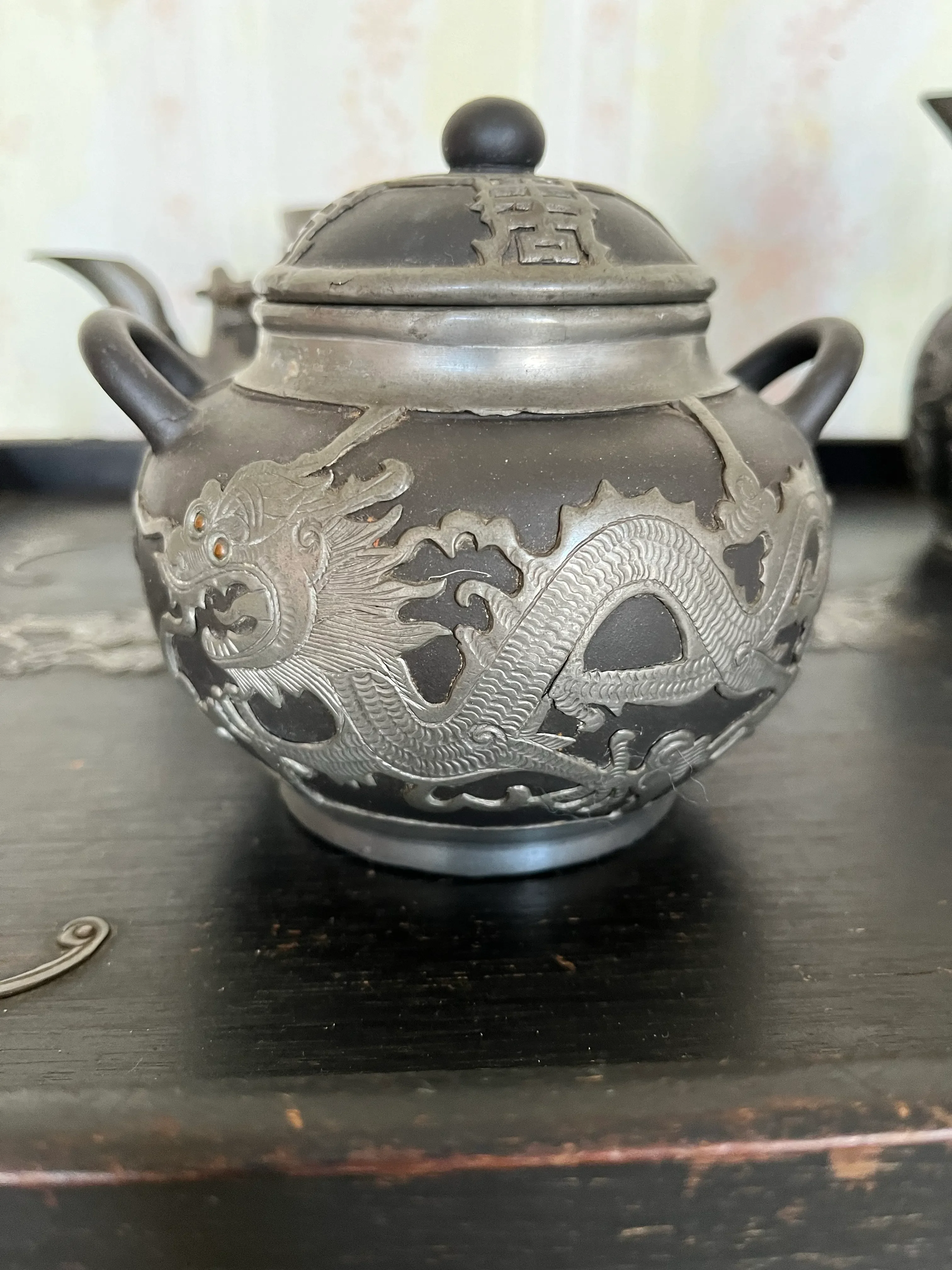 1910's Antique Chinese Clay & Pewter Tea Set With Tray Dragons- 5