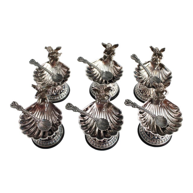 1970s Pedro Duran Silver Cherub Putto Salt Cellars & Spoons, Spain Set of 6 - 12 pcs For Sale